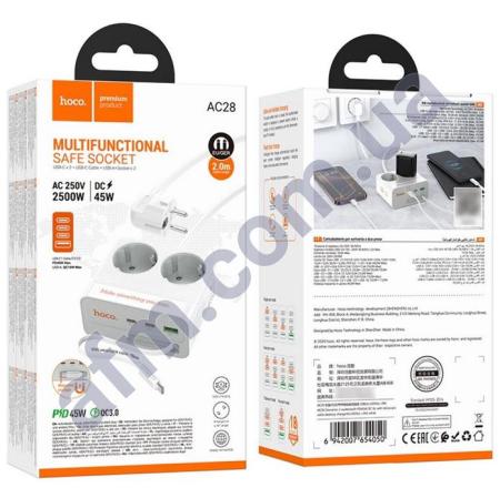 СЗУ блок Hoco AC28 PD45W (USB/ 3Type-C/ 2розетки) 2м белый