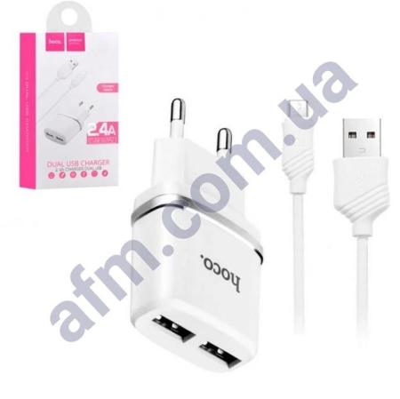 СЗУ блок Hoco C12 Smart (2USB/ 2.4A) + кабель Micro USB білий