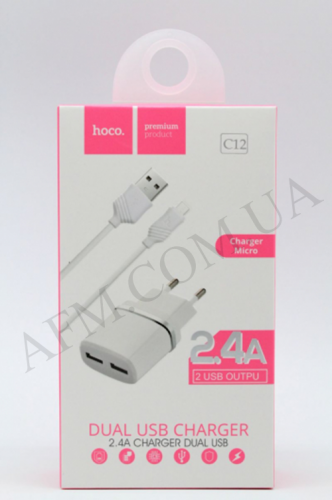 СЗУ блок Hoco C12 Smart 2USB 2.4A + кабель Micro USB белый