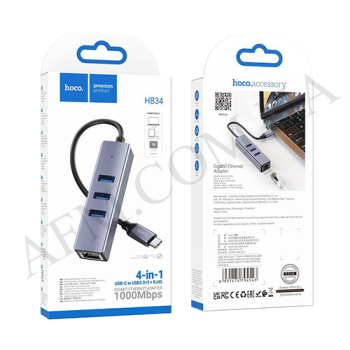 USB HUB Hoco HB34 (Type-C to USB3.0*3+RJ45) сірий
