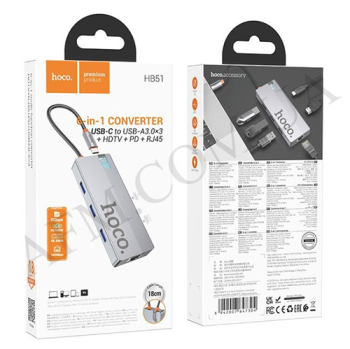 USB HUB Hoco HB51 6в1 (HDTV+RJ45+PD+USB3.0*3) темно-сірий
