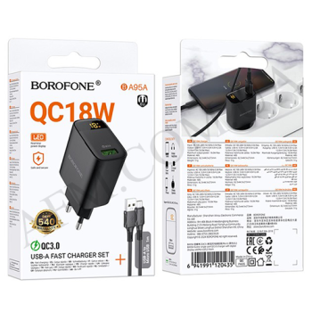 СЗУ блок Borofone BA95A QC3.0 + кабель Micro + дисплей чёрный