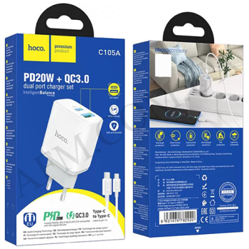 СЗУ блок Hoco C105A + кабель Type-C - Type-C PD20W+QC3.0 белый