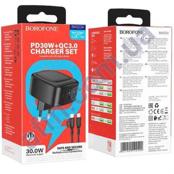 СЗУ блок Borofone BAS23A Gan PD30W+QC3.0 (2USB/ 1Type-C) + кабель Type-C - Type-C чорний